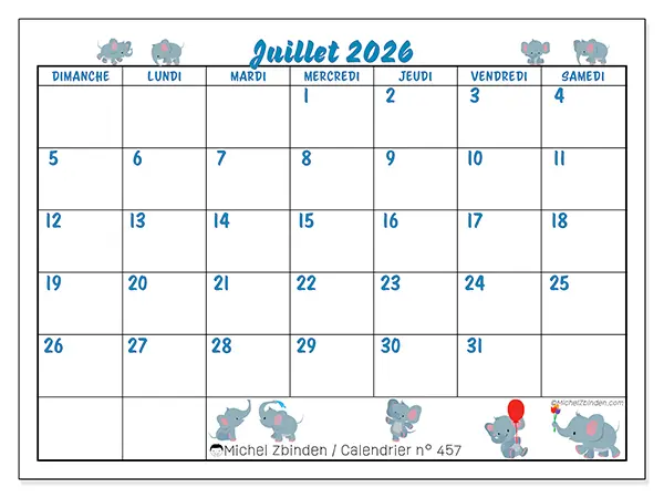 Calendrier juillet 2026 à imprimer - Petits éléphants - Semaine du dimanche au samedi