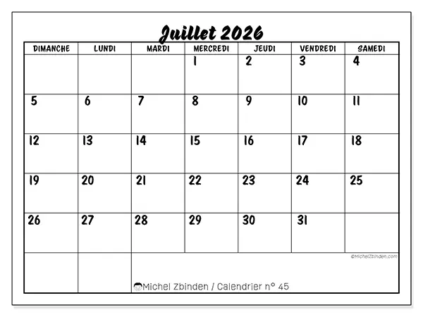 Calendrier juillet 2026 à imprimer - Réussite scolaire - Semaine du dimanche au samedi