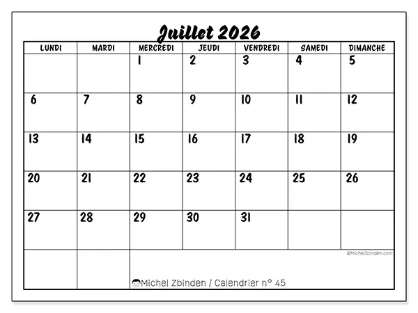 Calendrier juillet 2026 à imprimer - Réussite scolaire