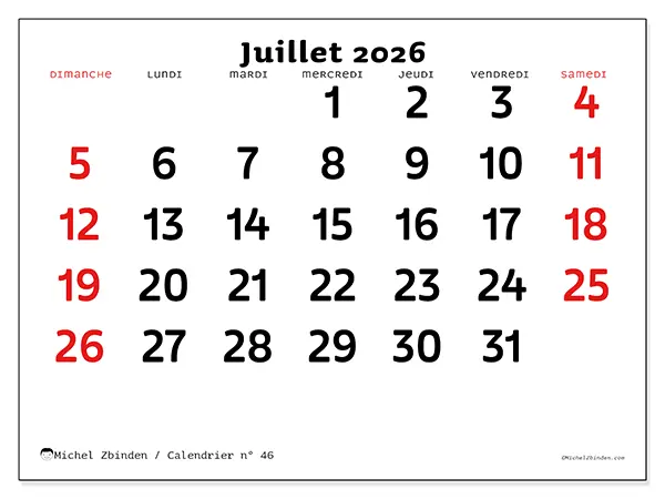 Calendrier juillet 2026 à imprimer - Vision claire - Semaine du dimanche au samedi