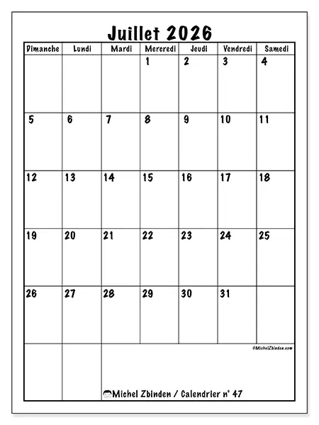 Calendrier juillet 2026 à imprimer - Planning efficace - Semaine du dimanche au samedi