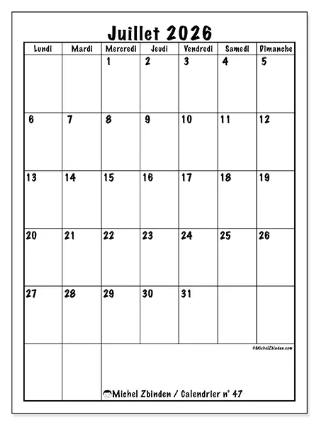Calendrier juillet 2026 à imprimer - Planning efficace