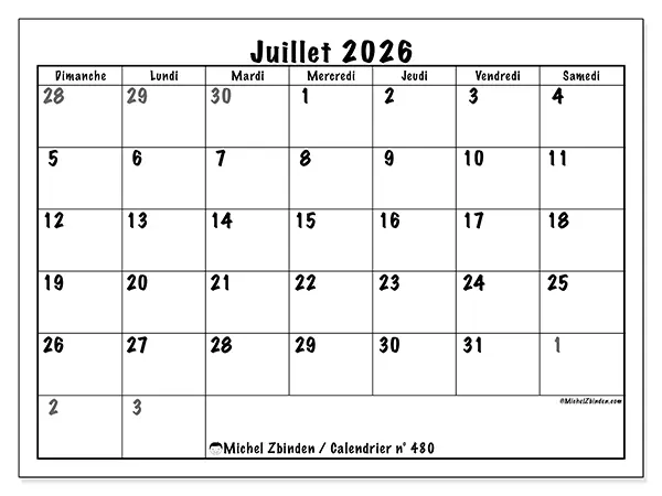 Calendrier juillet 2026 à imprimer - Planification complète - Semaine du dimanche au samedi