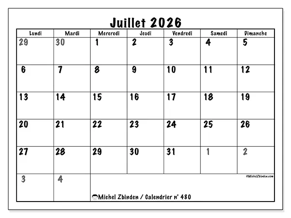 Calendrier juillet 2026 à imprimer - Planification complète