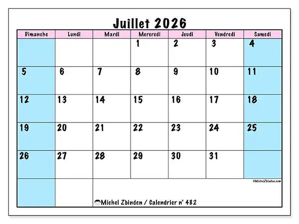 Calendrier juillet 2026 à imprimer - Horaire d’équipe - Semaine du dimanche au samedi