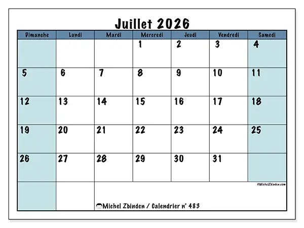 Calendrier juillet 2026 à imprimer - Structuré pour l’école - Semaine du dimanche au samedi