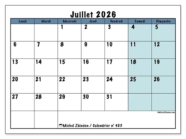 Calendrier juillet 2026 à imprimer - Structuré pour l’école