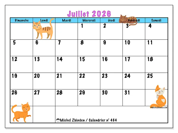 Calendrier juillet 2026 à imprimer - Amour des chats - Semaine du dimanche au samedi