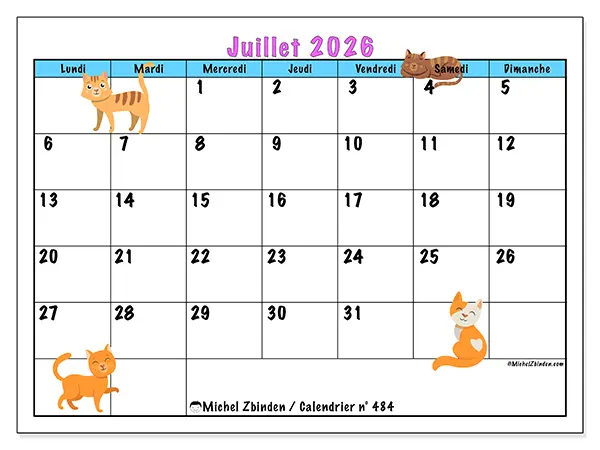 Calendrier juillet 2026 à imprimer - Amour des chats