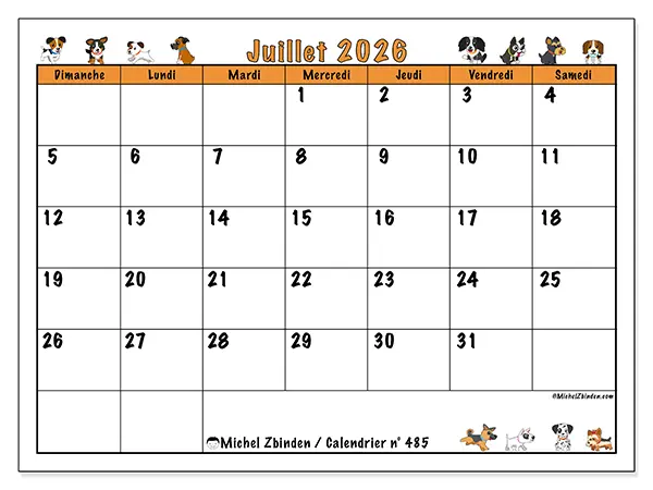 Calendrier juillet 2026 à imprimer - Chiens enthousiastes - Semaine du dimanche au samedi
