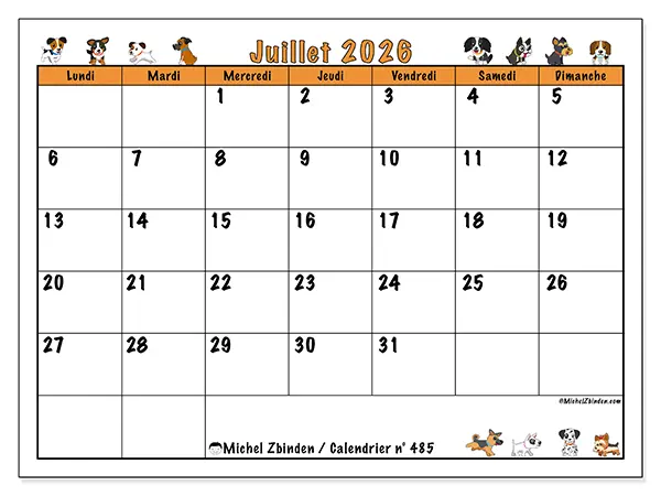 Calendrier juillet 2026 à imprimer - Chiens enthousiastes