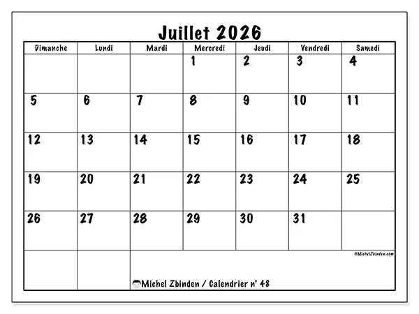 Calendrier juillet 2026 à imprimer - Efficacité quotidienne - Semaine du dimanche au samedi