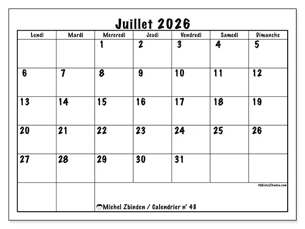 Calendrier juillet 2026 à imprimer - Efficacité quotidienne