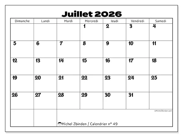 Calendrier juillet 2026 à imprimer - Coordination productive - Semaine du dimanche au samedi