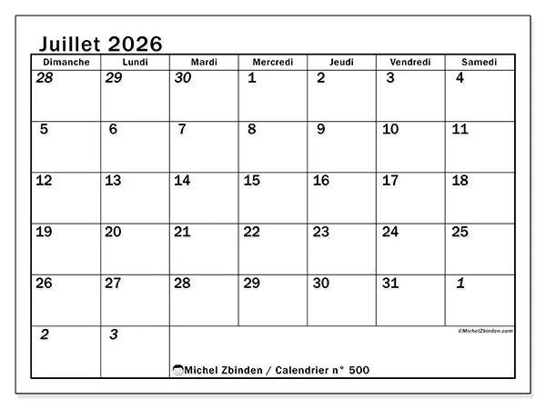 Calendrier juillet 2026 à imprimer - Planning intensif - Semaine du dimanche au samedi
