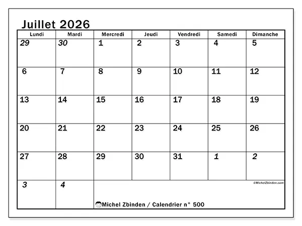 Calendrier juillet 2026 à imprimer - Planning intensif