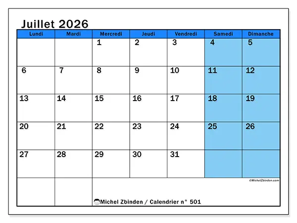 Calendrier juillet 2026 à imprimer - Études dynamiques