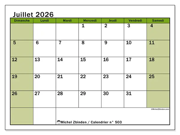 Calendrier juillet 2026 à imprimer - Organisation vivante - Semaine du dimanche au samedi
