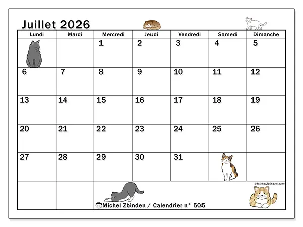 Calendrier juillet 2026 à imprimer - Vie de chat