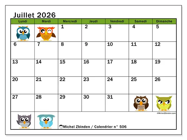 Calendrier juillet 2026 à imprimer - Hiboux amusants