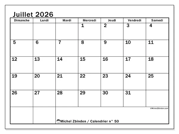 Calendrier juillet 2026 à imprimer - Planification optimale - Semaine du dimanche au samedi