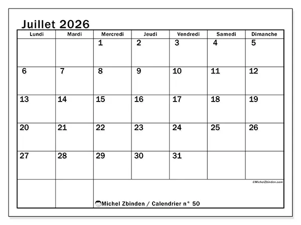 Calendrier juillet 2026 à imprimer