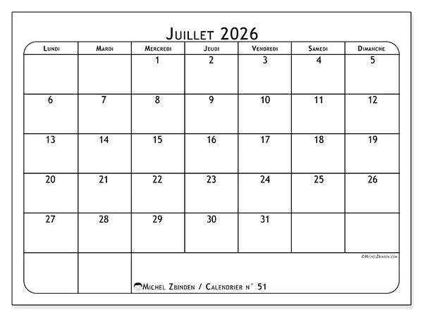 Calendrier juillet 2026 à imprimer - Programme des repas