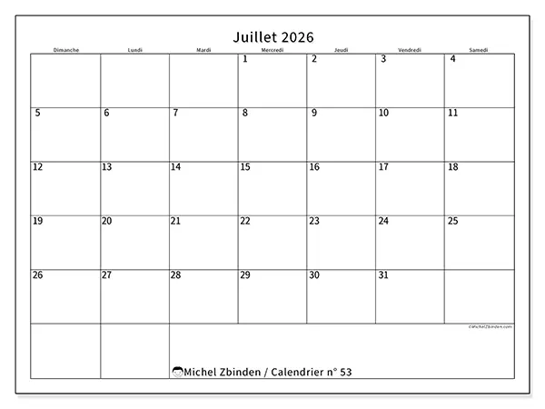 Calendrier juillet 2026 à imprimer - Horaire efficace - Semaine du dimanche au samedi