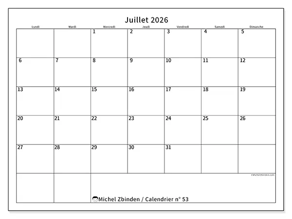 Calendrier juillet 2026 à imprimer - Horaire efficace