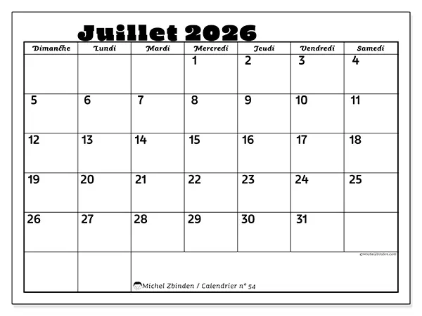 Calendrier juillet 2026 à imprimer - Activités en famille - Semaine du dimanche au samedi