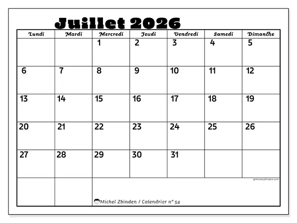 Calendrier juillet 2026 à imprimer - Activités en famille