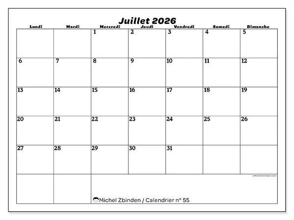 Calendrier juillet 2026 à imprimer - Organisation des loisirs