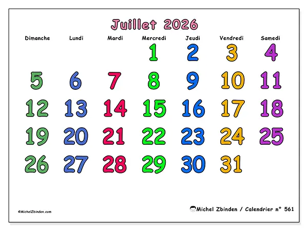 Calendrier juillet 2026 à imprimer - Moments créatifs - Semaine du dimanche au samedi