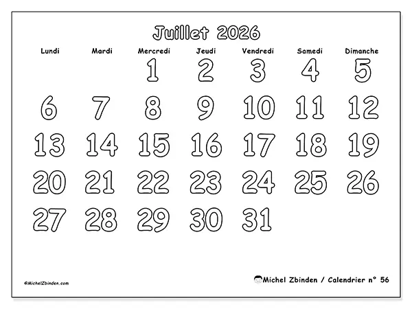 Calendrier juillet 2026 à imprimer - Coloriage utile