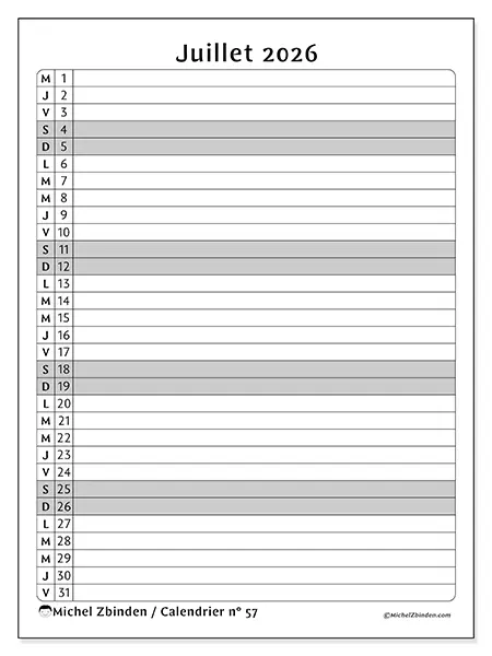Calendrier juillet 2026 à imprimer - Liste des activités