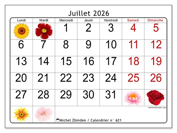 Calendrier juillet 2026 à imprimer - Grandes fleurs