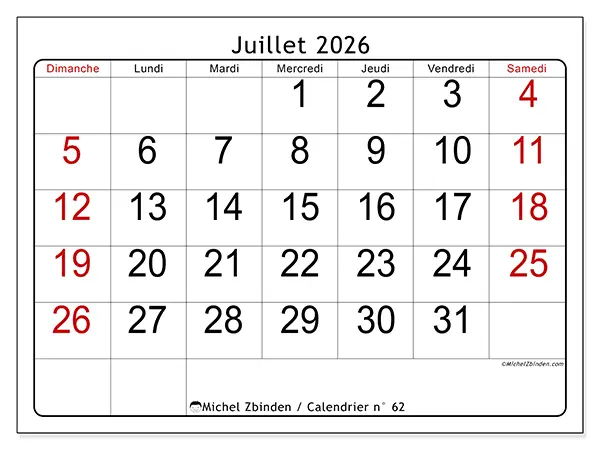 Calendrier juillet 2026 à imprimer - Lecture rapide - Semaine du dimanche au samedi