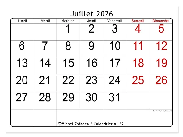 Calendrier juillet 2026 à imprimer - Lecture rapide