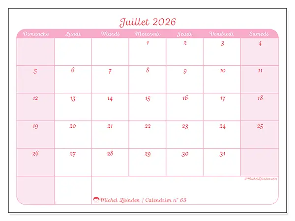 Calendrier juillet 2026 à imprimer - Organisation en douceur - Semaine du dimanche au samedi