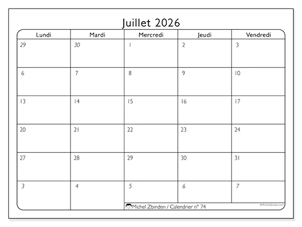 Calendrier juillet 2026 à imprimer - Organisation du travail
