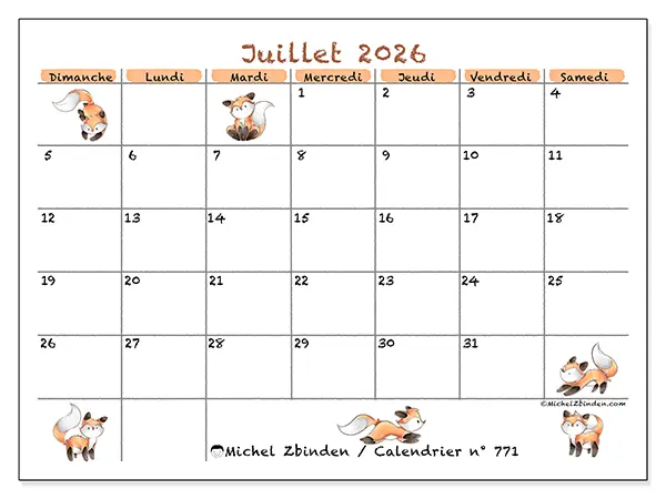 Calendrier juillet 2026 à imprimer - Dessins de renards - Semaine du dimanche au samedi