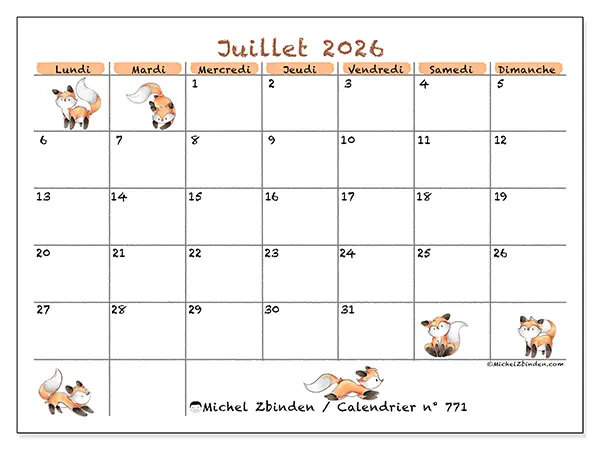 Calendrier juillet 2026 à imprimer - Dessins de renards