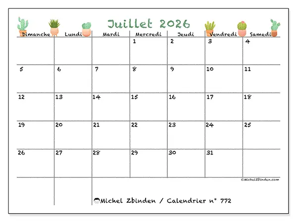 Calendrier juillet 2026 à imprimer - Cactus décoratifs - Semaine du dimanche au samedi