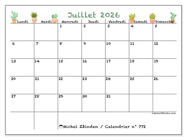 Calendrier juillet 2026 à imprimer - Cactus décoratifs