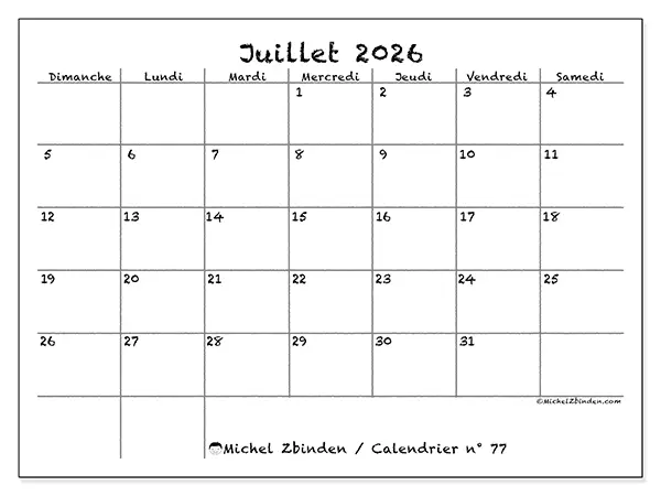 Calendrier juillet 2026 à imprimer - École et famille - Semaine du dimanche au samedi