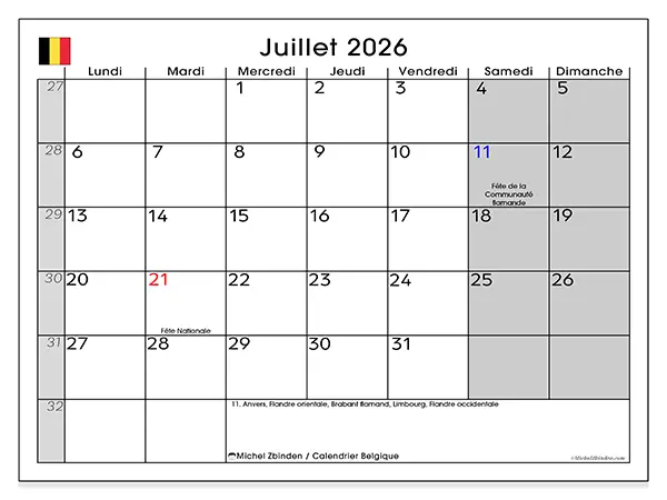 Calendrier juillet 2026 à imprimer - Belgique
