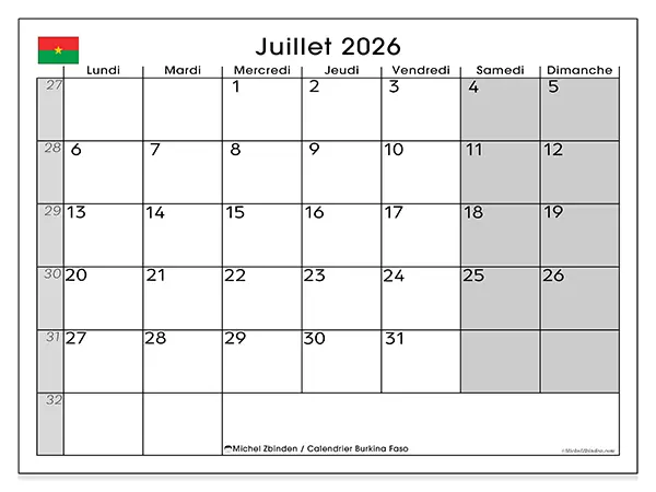 Calendrier juillet 2026 à imprimer - Burkina Faso
