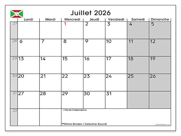 Calendrier juillet 2026 à imprimer - Burundi