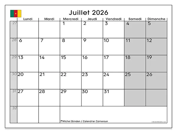 Calendrier juillet 2026 à imprimer - Cameroun