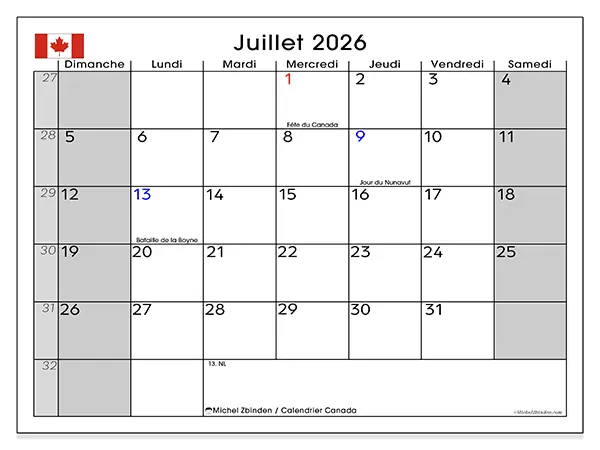 Calendrier juillet 2026 à imprimer - Canada